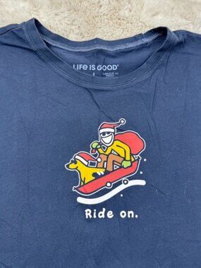 Life is Good Christmas T-Shirt “Ride On” Sledding Blue Men's Size Large